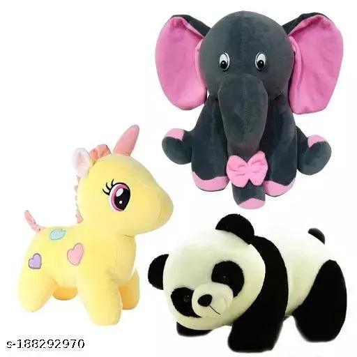 3 Pcs Stuffed Toys Combo High Quality Soft Toys ( 1 Appu Elephant - 25 Cm , 1 Yellow Unicorn - 25 Cm , 1 Panda - 25 Cm ) - Springkart 