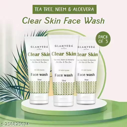 Glamveda Clear Skin Tea tree, Neem & Aloe Anti Acne Face Wash | For Oily & Acne Prone Skin | No Paraben, SLS | Pack of 3