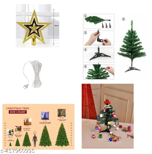 Christmas Tree with Hanging Ornaments , Topper Star, String Light Combo (Tree Size 30cm / 1 Feet) - Springkart 