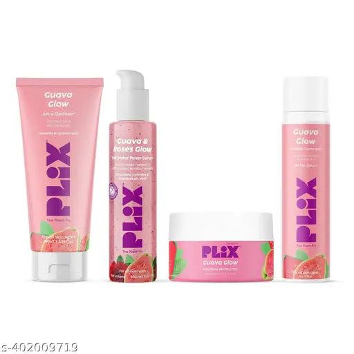 PLIX - THE PLANT FIX Guava & Roses Regime for Bright Skin & Balanced Skin pH| Hydrating Face Wash/Cleanser| 2-in-1 Toner Serum| Smoothie Moisturizer| Invisible Sunscreen Gel With SPF 50+ PA +++| For Men & Women| Pack of 4