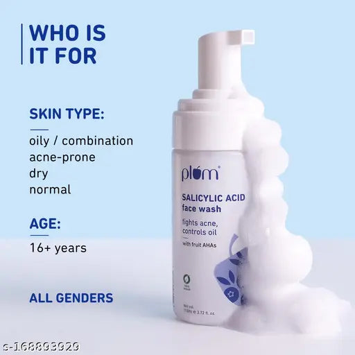 Plum 1% Encapsulated Salicylic Acid Foaming Face Wash with Glycolic Acid, Fruit AHA's & Blueberry Extracts | Fights Acne, Blackheads & Breakouts | For Men & Women | Sulphate-Free | 100% Vegan | 110 ml