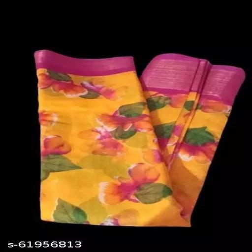 Navsarjan flower Printed cotton YELLOW saree - Springkart 