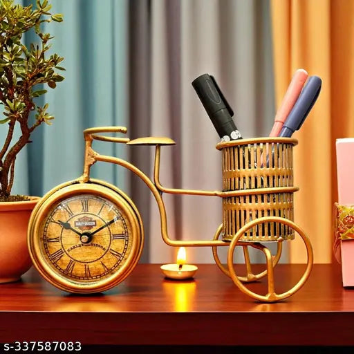 Metal Showpiece Flower Pot Stand With Table Clock
