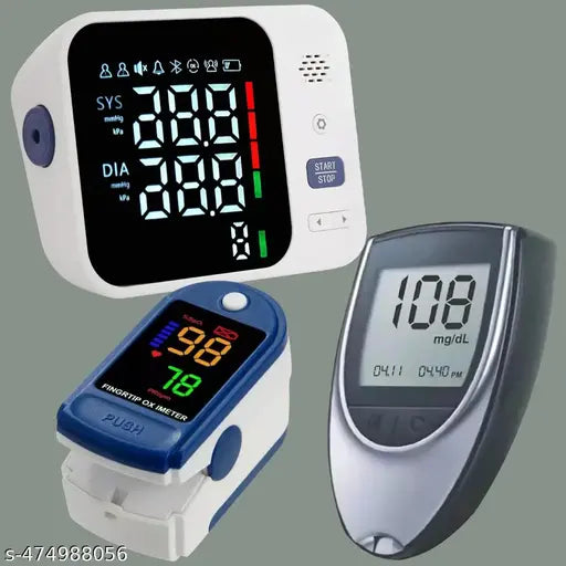 Rechargeable Digital Fully Automatic BP Monitor with Talking Function Intellisense Technology Cuff Kit, Glucometer for testing of Blood sugar levels & Pulse Oximeter with Oxygen Saturation Monitor (Pack of 3)