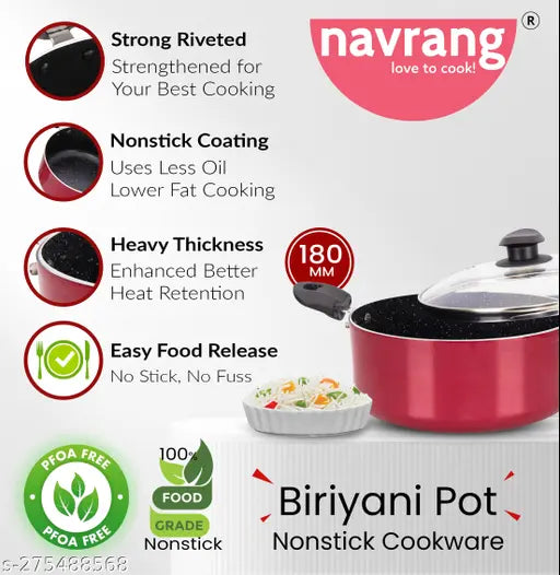 Navrang Nonstick Small Stewpan 180 With Glass Lid,2L Capacity, Red Color