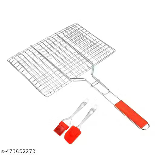 charcoal grill Stainless Steel Square Roaster Tandoor Barbeque, Roti, Papad Jali Griller With Wooden Handle Silver With Silicone Spatula And Oil Brush Set