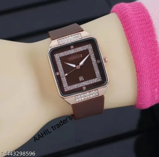 Latest square dimond dail design rubber strap analog watch for girls