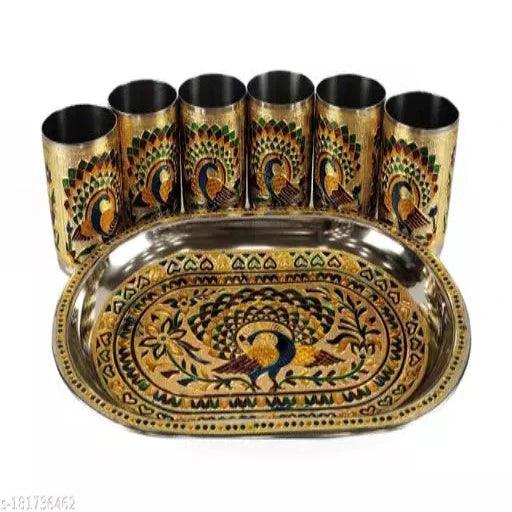 Handicrafts Golden Meenakari Glass Tray Set Stainless Steel Tray Glasses , Peacock Designed Handcrafted Steel Tray - Springkart 