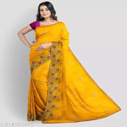 Yellow Pink Syclon Silk Net Zari EMBROIDERY SAREES - Springkart 