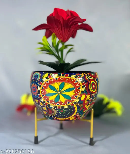 E-Trends Multicolour Metal Pot with Stand, Rust-Free Powder Coating, Indoor Outdoor Use, Home Office Decor, Plants Not Included, Pot Size: 10 * 13cm, Stand Height: 7.5cm