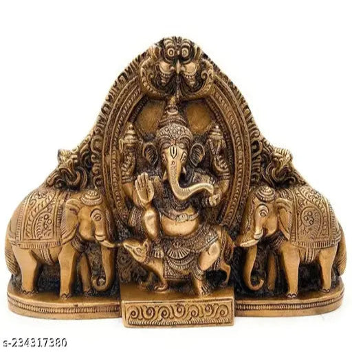 Metal wall hanging ganesh ji sitting on mushak with elephant pair decorative showpiece