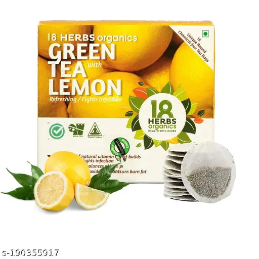 18 Herbs Organics Green Tea with Lemon | Refreshing and Fights Infection | 15 Tea Bags - BOX