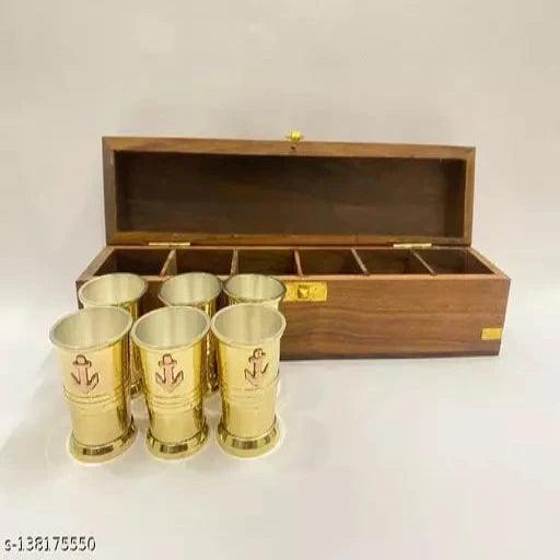 Present Set of 6 Solid Brass Wine Whisky Vodka Shot Glass Anchor Design 2 inch Height with Wooden Box (Royal Gold) - Springkart 