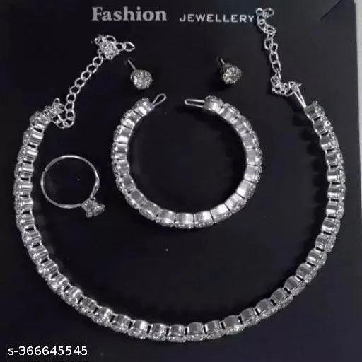 ANF Big Diamond Nacklace+Earring+Breslet+ Finger Ring Combo Set - Springkart 