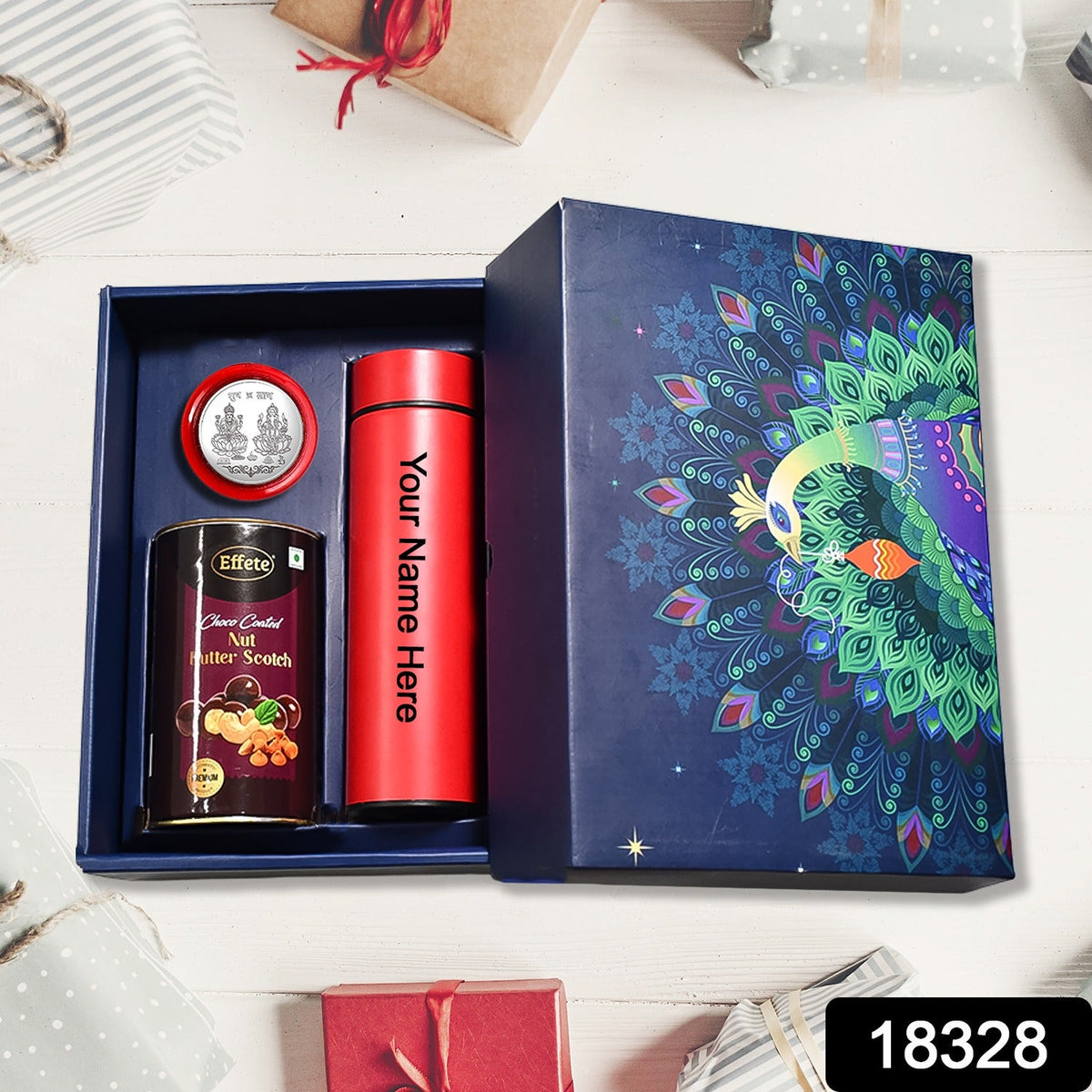Personalized Temperature Water Bottle, Silver color Coin & Chocolate (With Attractive Peacock Box / 3 Pc Set) - Springkart 