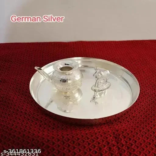 German silver - Puja thali, 6" Plate, Small kalash, Kamdhenu Cow