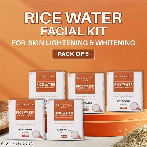 Glamveda Rice Water Brightening Classic Facial Kits ( Pack Of 5 ) For Women & Men | Profesional Feel Facial Kits For Whitening Lightening Glow Skin
