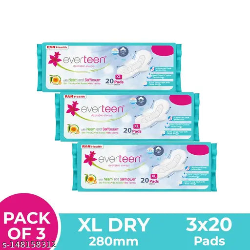 Everteen XL Sanitary Napkin Pads with Neem and Safflower, Cottony-Dry Top Layer for Women 3 Packs (20 Pads Each, 280mm) - Springkart 