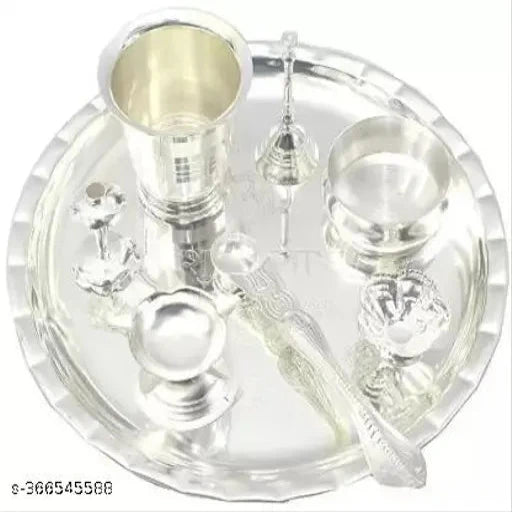 Silver Plated Pooja thali Set 8 Inch Ethnic Puja Thali Wedding Return Gift Items Silver Plated (Silver)