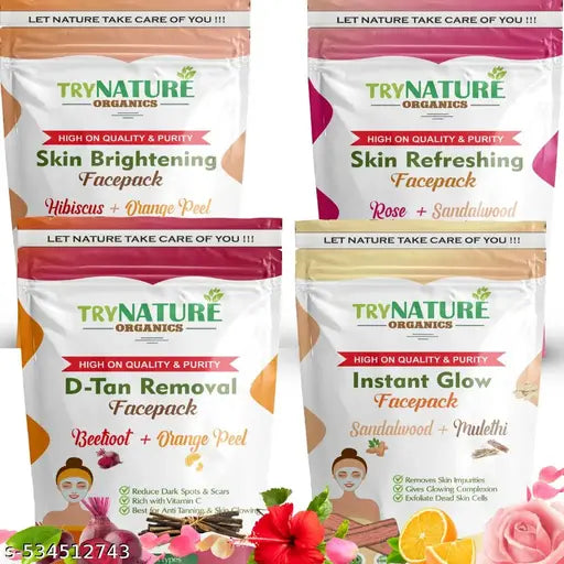 4 Combo Packs Of Instant Glow, D-Tan Removal, Skin Brightening & Refreshing| Blend of Beetroot, Orange Peel, Chandan, Hibiscus & Rose | DIY Face Pack Powder for Skin Whitening | All Skin Types (280g)