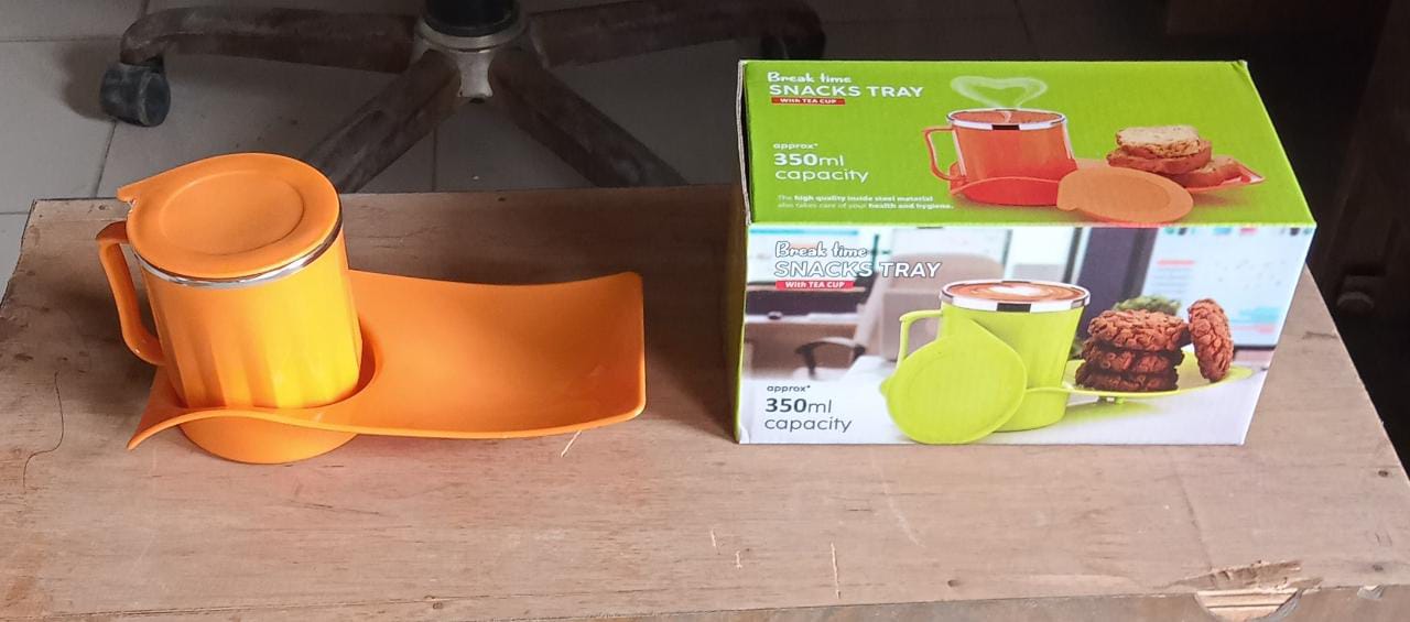 Snacks Tray & Inside Steel Cup 350ml Break Time Tray For Kids & Home Use - Springkart 
