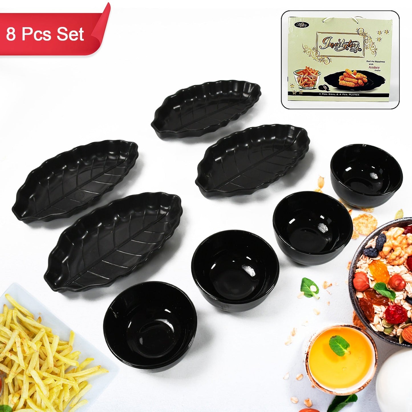 Invitation Round Ceramic Snacks Bowl With Plastic Leaf shape Serving platter Portable, Lightweight Breakfast, Serving Bowl | Ideal for Rice, Pasta, Desserts Home & Kitchen Serving Bowl & platter (8 Pcs set) - Springkart 