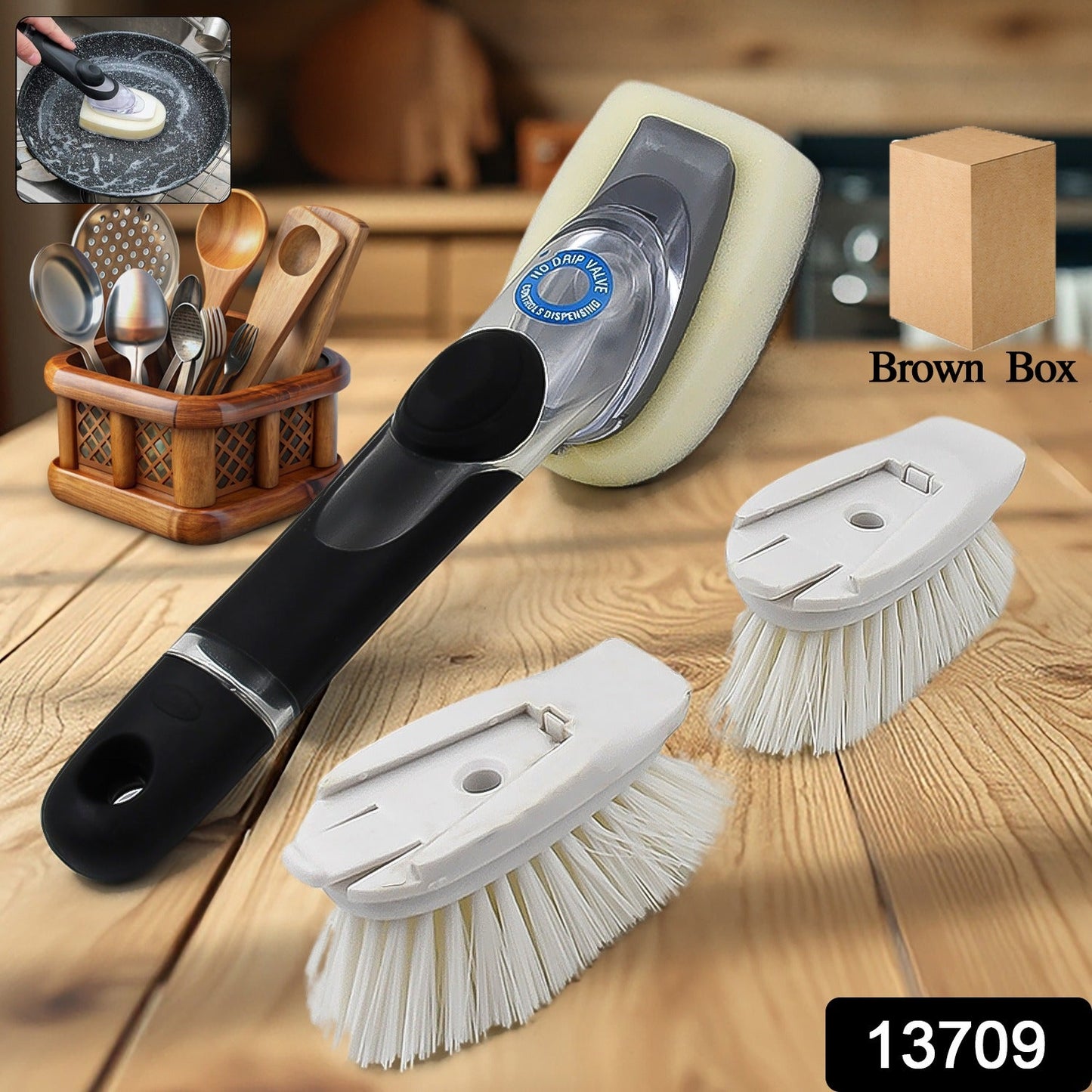 Dish Scrubber with Soap Dispenser, Soap Dispensing Dish Brush Set (1 Set / With Brown Box) - Springkart 