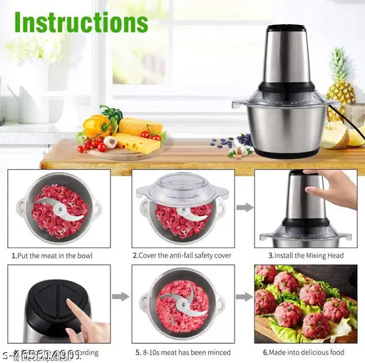 Electric Food Chopper,  Meat Grinders With Stainless Steel Bowl Heavy 250W Motor || 2 Speed Modes For Kitchen Food Processor, Meat, Vegetables, Onion, Mince [[ Electric, 2 Liter ]]