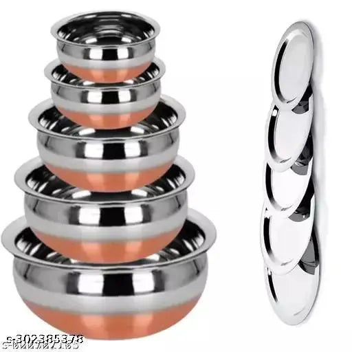 SILVER & COPPER SIZE: 0.500 LTR, 1LTR, 1.200LTR, 2LTR, 2.000 LTR 5 Pieces Copper Bottom HANDI Set/Cookware Set of 5 Pieces With lid Cooking Serving Bowl biryani Milk Pot.(LIFE TIME )