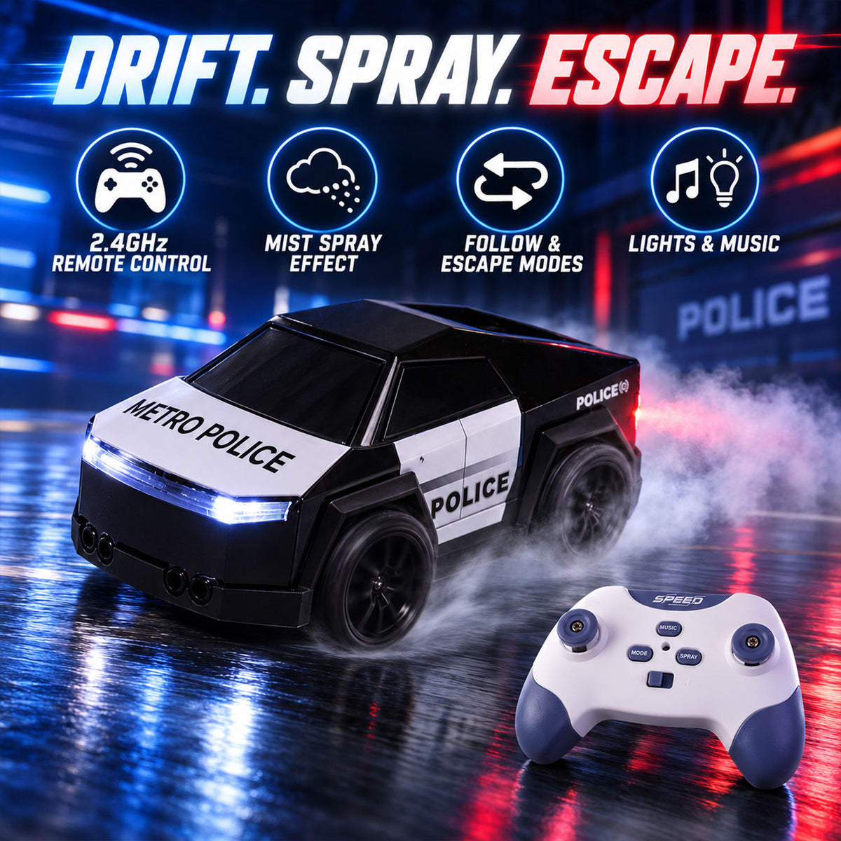 Remote Control Police Drift Car With Follow Modemist Spraylights And Music Set