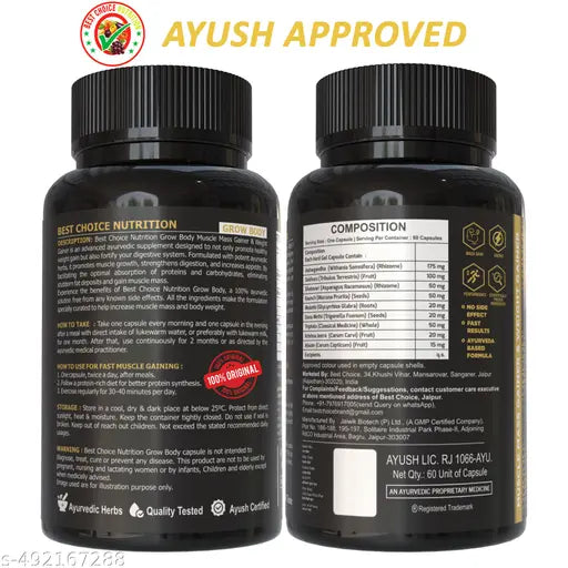Grow Body New formula, The Ultimate Ayush Approved 100% Ayurvedic Weight Gainers/Mass Gainers (60 No) - Springkart 