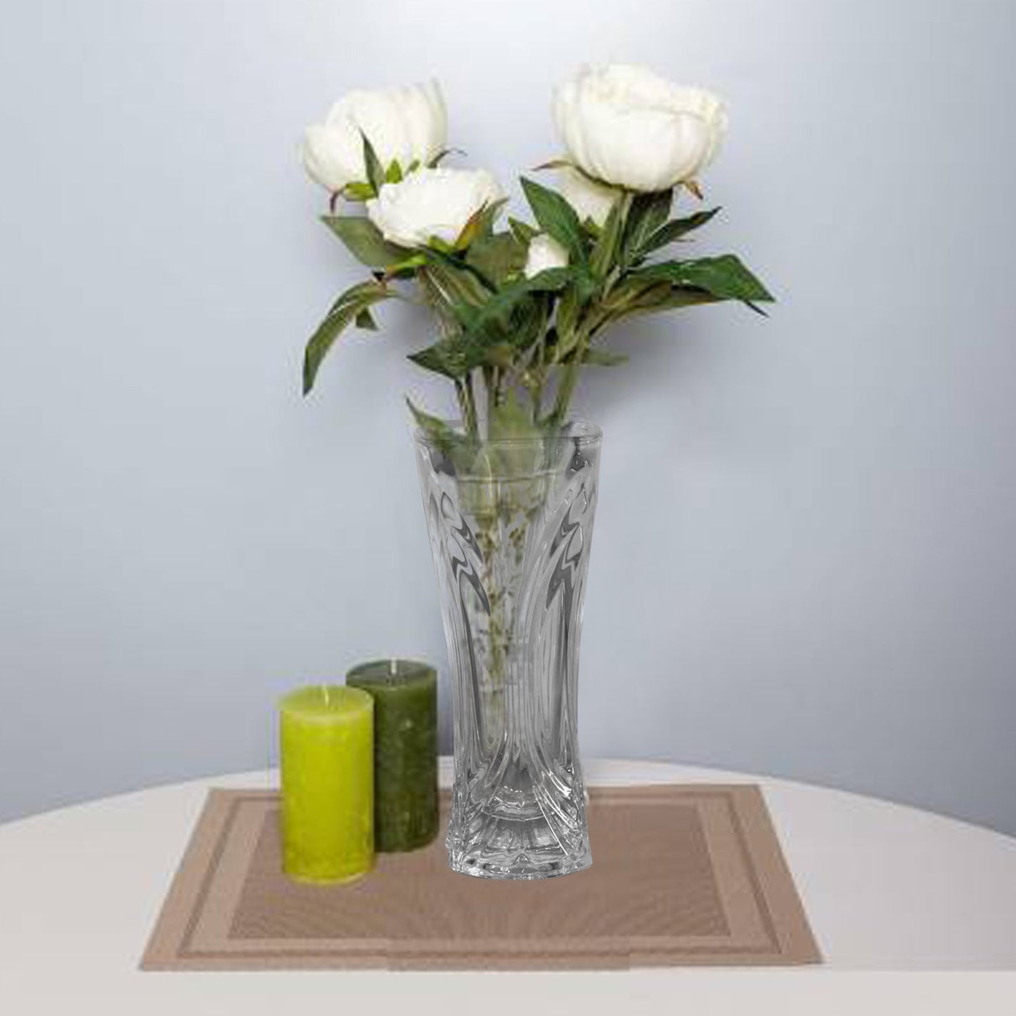 Transparent flower vase for living room or office.