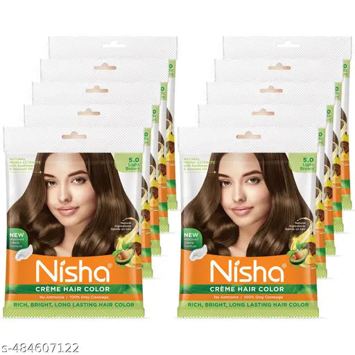 Nisha Cream Hair Color Rich Bright Long Lasting Hair Colouring For Ultra Soft Deep Shine 100% Natural Herbs 40gm Light Brown (Pack of 10)