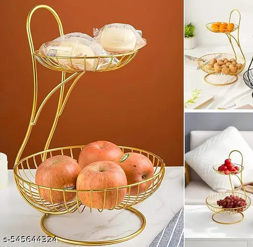 2 Tier Fruit and Vegetable Basket for Kitchen, Dining Table, Counter Top Big Size Fruit Bowl Organizer for and Stand Holder Table Countertop Rack [Gold)