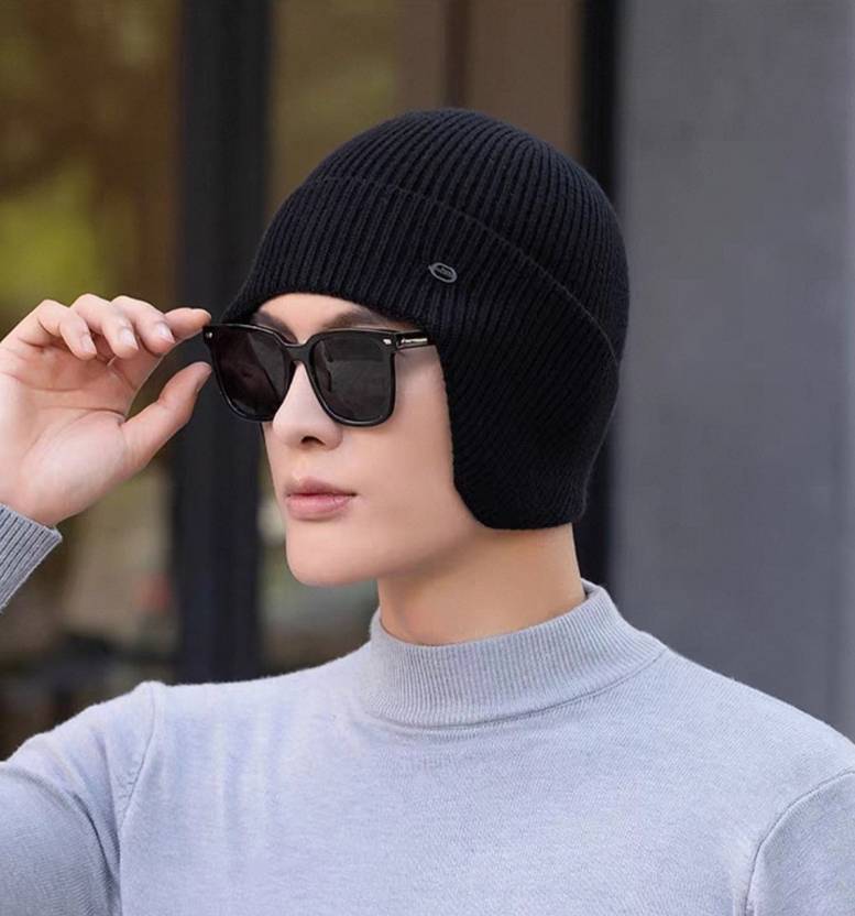 Winity Earflap Soft Warm Knitted Korean Style(Double Layers Fabric) Winter Caps for Men Woven Beanie