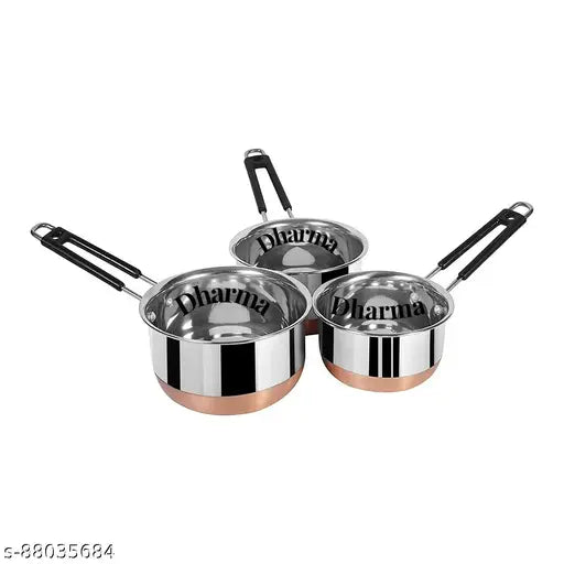 Supreme Stainless Steel Copper Bottom Sauce Pan ,Tea Pan, Milk Pan, coffee pan flat base Tapeli Patila Induction Base 1, 1.5 and 2 Liter Sauce pan And 15.5 cm,17 cm,19cm diameter Sauce Pot Milk Boiler.(Stainless Steel, Copper)