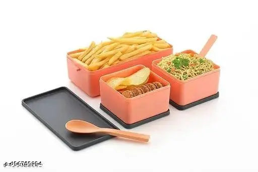 3-in-1 Compartment Lunch Box Tiffin Box Lunch Box with Fork & Spoon