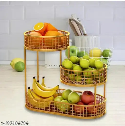 Option 1 (Focus on shape): Stylish Gold Metal 3-Tier Oval Fruit & Vegetable Storage Basket for Kitchen Counter