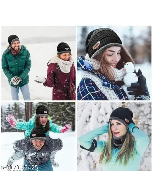 Men And Women Woolen Caps With Muffler And Gloves, Unisex Beanie Cap Set + 1 PAIRS COOL ARM SLEEVES