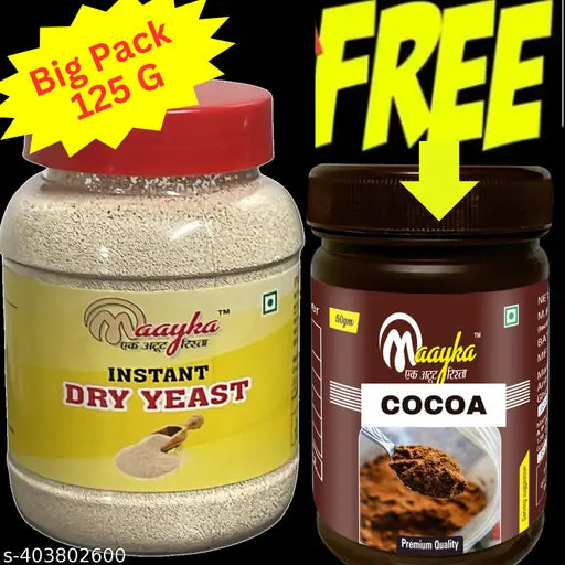 Maayka Premium | Instant Dry Yeast (Big pack 125 Gram) with Free Cocoa Powder for kulchas, naans, pizza, pao, breads making | Yeast Powder | Active Dry Yeast | खमीर | Kahmir