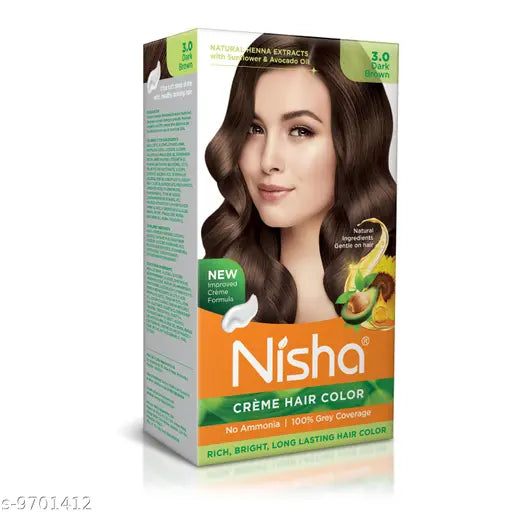 Nisha Cream Hair Color Rich Bright Long Lasting Hair Colouring For Ultra Soft Deep Shine 100% Natural Herbs 120gm (Dark Brown,Pack of 1)