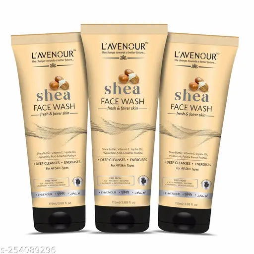 L'avenour Shea Face Wash with Shea Butter, Vitamin E & Jojoba Oil for Fresh & Fairer Skin 115ml (Pack of 3)