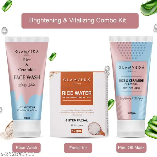 Rice & Ceramide Korean Glass Skin Combo Gift Pack with Face wash for Dry, Sensitive & Combination skin, Peel Off Mask for Reducing signs of ageing & Facial kit for Skin Brightening ( 3 items in the set )