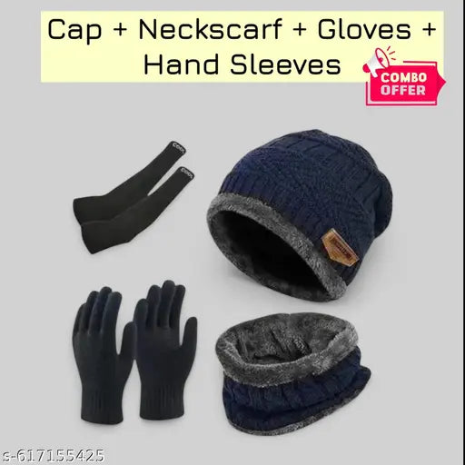 Men And Women Woolen Caps With Muffler And Gloves, Unisex Beanie Cap Set + 1 PAIRS COOL ARM SLEEVES