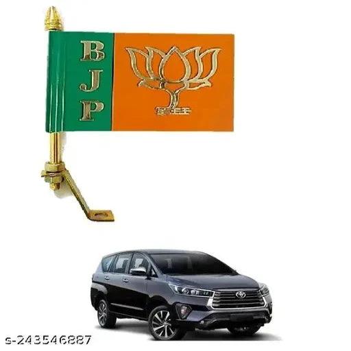 Car Aluminium 3D Flag Bhartiya Janata Party with Golden Metal Rod Suitable for Toyota Innova Crysta Models -BJP National Party Car Decor with Double (Flag with Metal Rod)