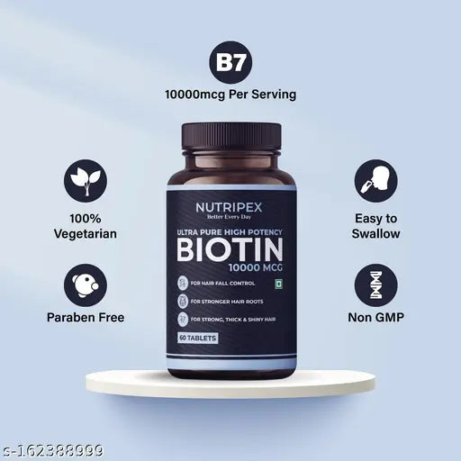 Biotin 10000mcg Tablets, Vitamin B7 dietary supplement for Hair Growth, Reduce Hair Fall, Strong Hair and Glowing Skin-60 Biotin Tablets