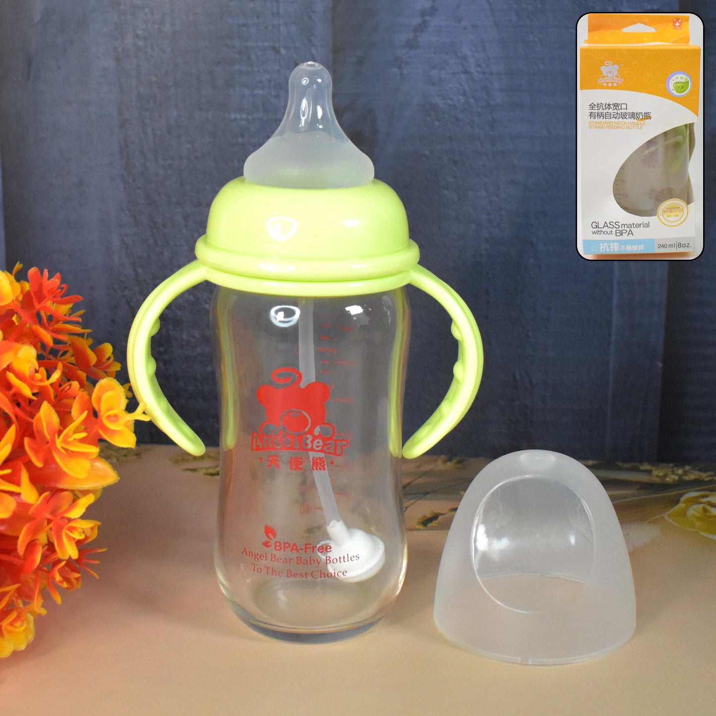 Glass Baby Feeding Bottle With Handles Straw (240 Ml 1 Pc) - Springkart 