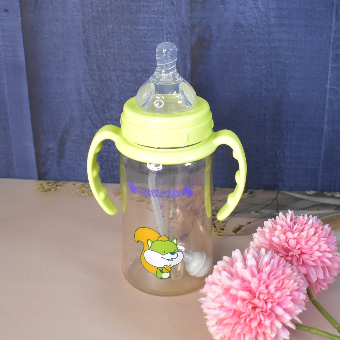 Plastic Baby Feeding Bottle With Handles Cleaning Brush Straw (300 Ml 1 Pc) - Springkart 