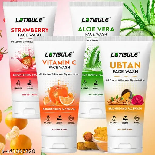 Latibule Vitamin C, AloeVera,  Strawberry & Ubtan  Skin Whitening Brightening Facewash, Tan Removal Face wash,Oil Controal,  And All Skin Types Facewash(200ML)combo