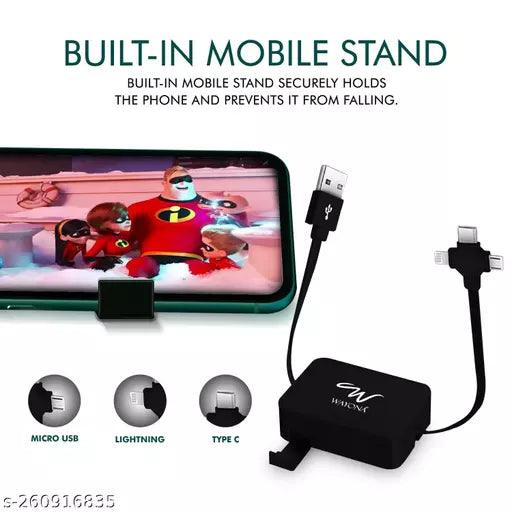 3 in 1 Retractable Fast Charging Cable with Type C, Lightening, Micro USB Port and Inbuilt Mobile Holder Compatible - Springkart 